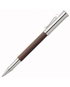 The Graf von Faber-Castell, Cognac Precious Resin Guilloche Rollerball Pen features an intricately engraved barrel, trimmed with plated metal and polished to a high shine, complete with brand engraving and a spring-loaded storage clip