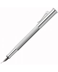 The Graf von Faber-Castell, Rhodium-Plated Guilloche Fountain Pen Features an intricate engraving along the barrel, an 18-karat gold & rhodium plated nib and a spring-loaded storage clip