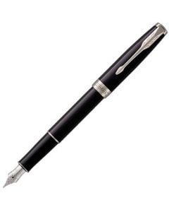 The Parker, Sonnet Black Lacquer Fountain Pen with Chrome Plated Trim. Featuring a slender glossy black lacquer body, smooth in hand and comfortable to hold. Ideal for everyday use in the office.