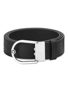 This Montblanc Reversible Black Leather Belt with Horseshoe Buckle has a shiny palladium buckle with a snowcap emblem in the centre.