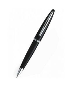 Waterman, CARÈNE Glossy Black Lacquer & Polished Chrome Trim Ballpoint Pen features a brand signature engraving for authenticity across the cap and embossed upon the spring-loaded cap. A chrome plated steel nib encases the ballpoint cartridge, surrounded 