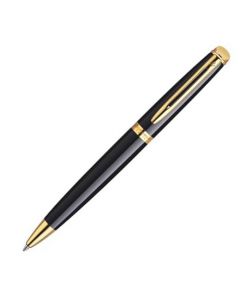 The Waterman Hemisphere Black Lacquer & Gold Trim Ballpoint. Engraved with the Waterman signature around the mid-band and embossed "W" on the loop detail secure fit clip, finishing at the slanted tip. Glossy black lacquer covers the surface of the body wi
