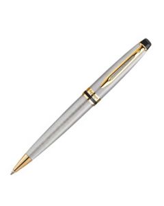 Waterman,  Expert, Stainless Steel with Gold Trim Ball Pen. Featuring a perfectly brushed steel body and cap. Warmed by the brilliant 23 Karat gold trim, located on the nib and cap. The loop detail pointed secure clip is ideal for storing inside a pocket 