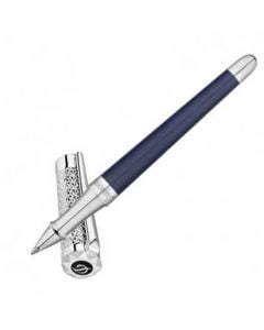 S.T. Dupont Paris, Liberté, Blue, Palladium Engraved & Blue Lacquer Rollerball Pen. The intricate, guilloche design has been laser cut into the palladium cap, a faced diamond cut top has been added alongside the faceted clip. The Barrel is finished with a