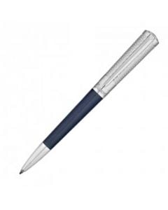 S.T. Dupont, Liberté Guilloche Engraved Palladium with Blue Lacquer Ballpoint Pen. A twist release mechanism for on the go use and secure palladium spring-loaded clip for safe storage in either a case or pocket. Engraved with the Dupont signature around t
