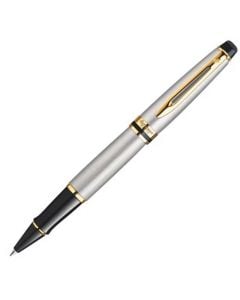Waterman, Expert, Stainless Steel with Gold Trim Rollerball. Brushed Stainless steel body with 23Karat gold features for subtle elegance. Smooth hold and comfortable grip when writing.