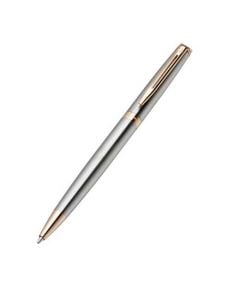 Waterman, Hemisphere Stainless Steel & 23k Gold Trim Ballpoint Pen with a delicate brushed steel body in a cool silver tone.