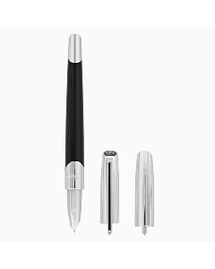 This S. T. Dupont Défi Millenium Black & Silver Fountain Pen has the brand name engraved on the barrel. 