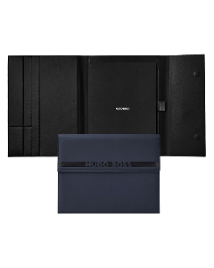 This Hugo Boss Cloud A4 Navy Folder Vegan PU Leather has the brand name embossed on the front flap closure. 