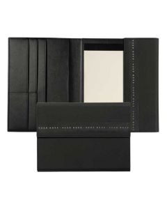 The Boss Ribbon Black Rubberised A5 Folder open, and with magnetic snap closure