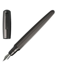 Full view of the Hugo Boss dark grey chrome metal Pure Fountain pen with cap removed.