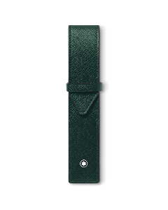 Montblanc's Sartorial Pen Pouch in British Green Saffiano Leather has the snowcap emblem on the front with a palladium-plated ring.