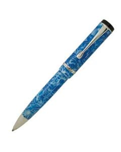 The Conklin, Duragraph, Ice Blue Lacquer with Chrome Trim Ballpoint Pen uses a twist release mechanism. 