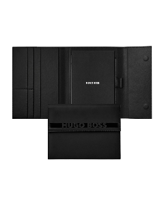 This Cloud A5 Folder Black Vegan PU Leather by Hugo Boss has the brand name in blind embossing on the front. 