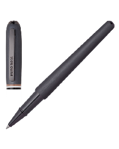 Contour Iconic Stripe Gunmetal Rollerball Pen by Hugo Boss with a matte gunmetal barrel and cap. 