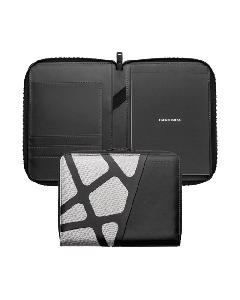 This Hugo Boss Craft Chrome & Black Conference Folder A5 is made with vegan PU leather and nylon. 