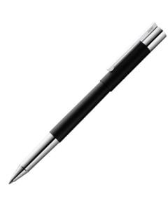 Matt black scala rollerball pen with stainless steel trims.