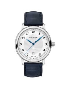 This Montblanc watch is part of the Star Legacy collection and features a blue alligator-skin strap watch.
