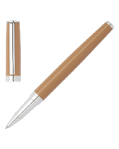 This Hugo Boss Gear Icon Camel Rollerball Pen has chrome accents. 