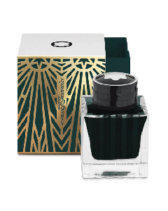 Montblanc's Meisterstück The Origin Collection Ink Bottle, Green 50 ml has an art deco inspired pattern on the box.
