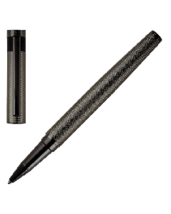This Hugo Boss Gunmetal Patterned Stream Rollerball Pen has an intricately patterned design with a matte surface. 