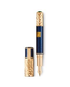 Montblanc's Limited Edition Masters of Art Gustav Klimt 4810 Fountain Pen has a yellow gold-coated cap and clip with a line and spiral design.