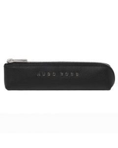 The Hugo Boss, Storyline, Black Leather Pen Case features dark chrome Hugo Boss lettering and zip seal