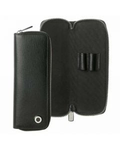 An open and closed view of the Tradition two pen pouch in black by Hugo Boss.