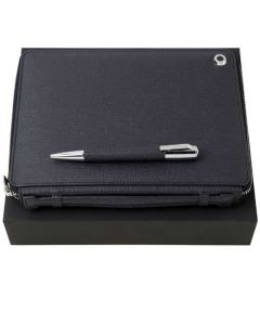 Hugo Boss, Tradition Dark Blue Leather gift Set includes a twist mechanism ballpoint and A5 conference folder, both finished with chrome trim. 