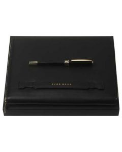 The Hugo Boss, Essential Lady, Black Polyurethane Leather A5 Folder & Glossy Black Lacquer Rollerball Pen set. Ideal for any Hugo Boss Fan, Foil embossed with the Hugo Boss name of authenticity and engraved along the pen.