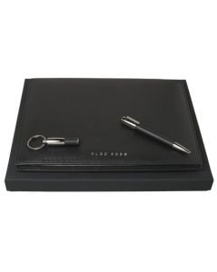 The A4 black leather folder, ballpoint and keyring comes in a Hugo Boss presentation box.