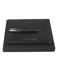 A5 black leather folder and rollerball pen set comes in a Hugo Boss gift box.