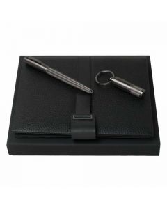 A5 textured leather folder with rollerball pen and USB keyring with Hugo Boss gift box.