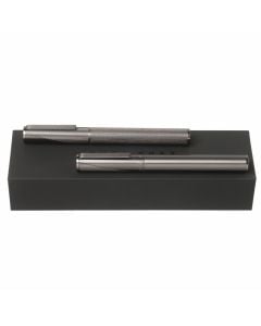 Keystone dark chrome rollerball and fountain pen set pictured with Hugo Boss presentation box.