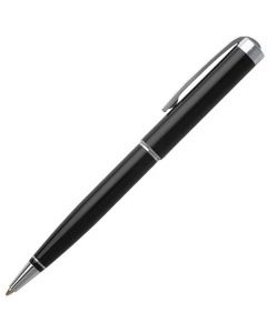 The Hugo Boss, Ace, Black Lacquer & Fine Silver Trim Ballpoint Pen features a twist release mechanism and brand engraving along the top of the polished cap.