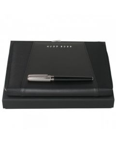 Hugo Boss A5 black leather folder and rollerball pen set.