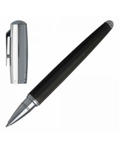 The Hugo Boss Pure rollerball pen in black features a guilloche pattern in its design.