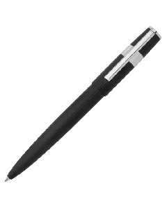 This Hugo Boss Gear Pinstripe Black & Chrome Ballpoint Pen has a matte texture with polished chrome trims. 