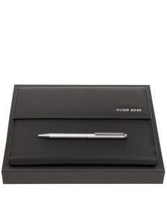 This Cloud Chrome Ballpoint Pen & Black Pinstripe A5 Folder Set is designed by Hugo Boss. 