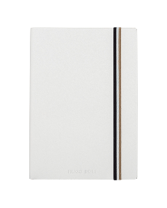 This Hugo Boss Iconic White PU Leather Lined A5 Notebook has an elastic to secure around the notebook which is in the iconic three-stripe colours.