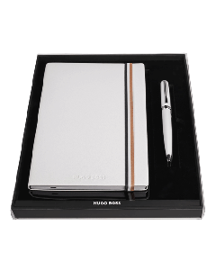 This Iconic A5 Notebook & Gear White Ballpoint Pen Set is by Hugo Boss and comes in a branded packaged box with a clear top.