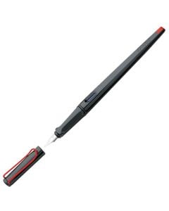 The LAMY black 1.9mm calligraphy fountain pen in the Joy collection has a vibrant red clip.