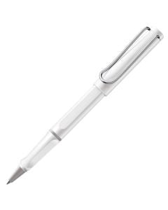 The LAMY white rollerball pen in the Safari collection has a flexible shiny chrome clip.