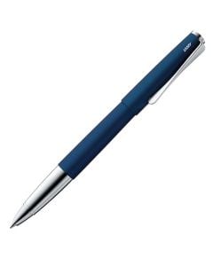 The LAMY imperial blue steel rollerball pen in the Studio collection has a flexible propeller shaped clip.