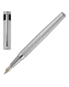 Hugo Boss Loop Diamond Chrome Fountain Pen with an intricate pattern on barrel and cap. 