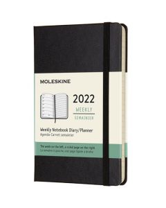 This Black 2022 12-Month Hard Cover Pocket Weekly Planner has been designed by Moleskine. 