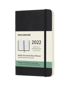This Black 2022 12-Month Soft Cover Pocket Horizontal Weekly Planner has been designed by Moleskine.