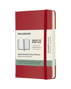 This is the Scarlet Red 2021-2022 18-Month Hard Cover Pocket Weekly Planner designed by Moleskine.