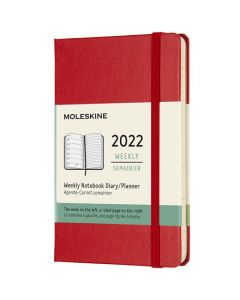 This Scarlet Red 2022 12-Month Hard Cover Pocket Weekly Planner has been designed by Moleskine. 