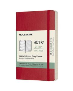 This is the Scarlet Red 2021-2022 18-Month Soft Cover Pocket Weekly Planner designed by Moleskine. 